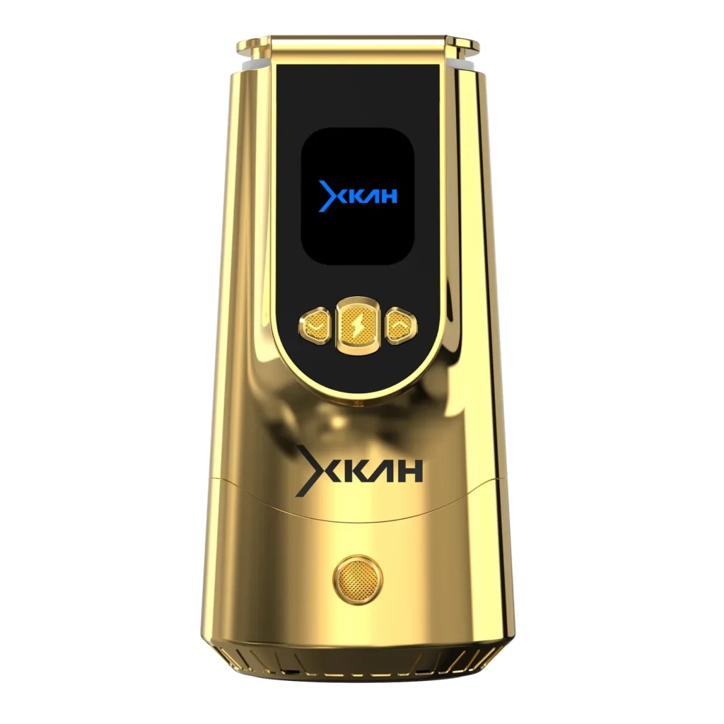 Aukso spalvos XKAH Pro 24K Gold elektroninė karščio kamera su juodu ekranu ir trimis valdymo mygtukais.