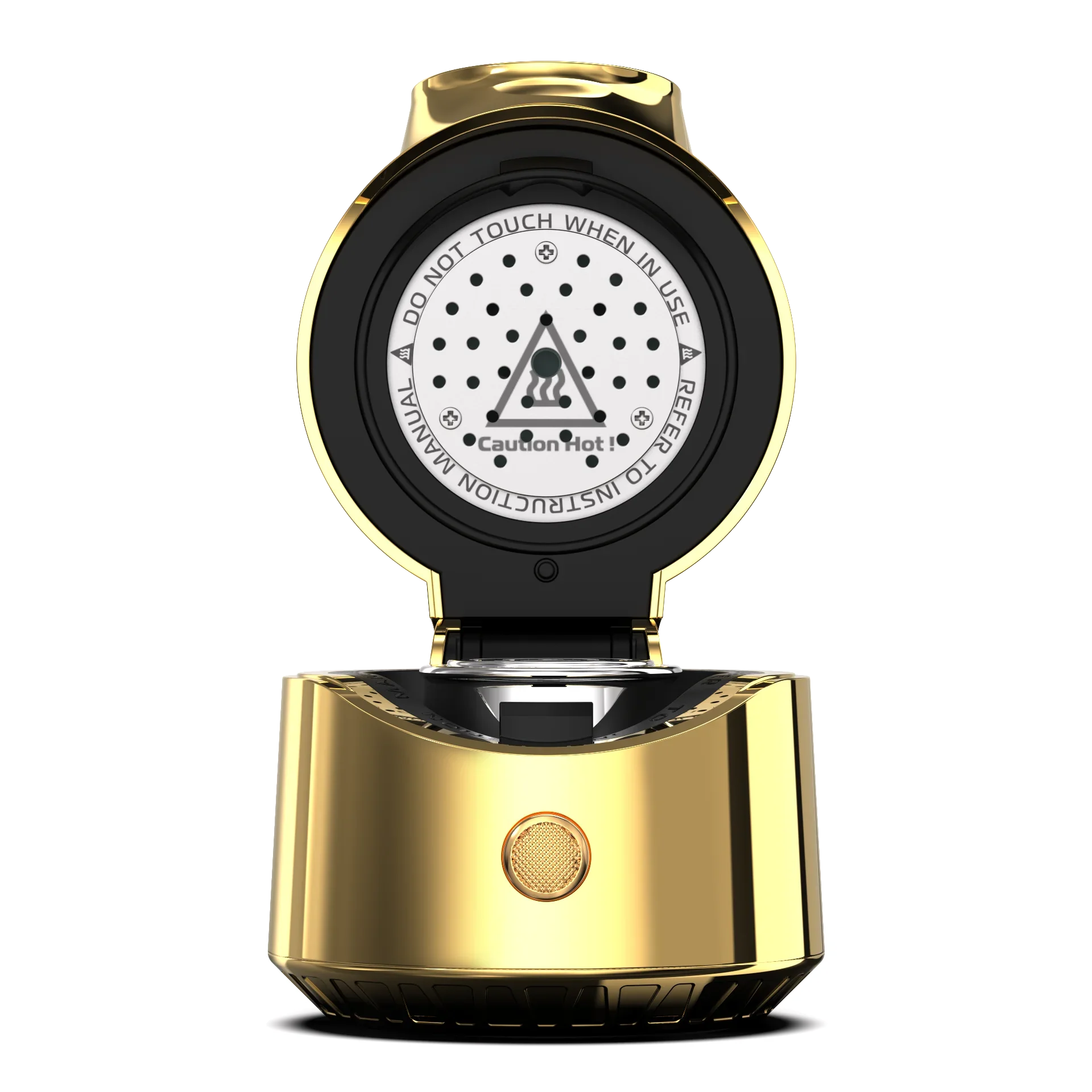 Aukso spalvos XKAH Pro 24K Gold elektroninės karščio kameros dangtis su įspėjamuoju karščio ženklu.