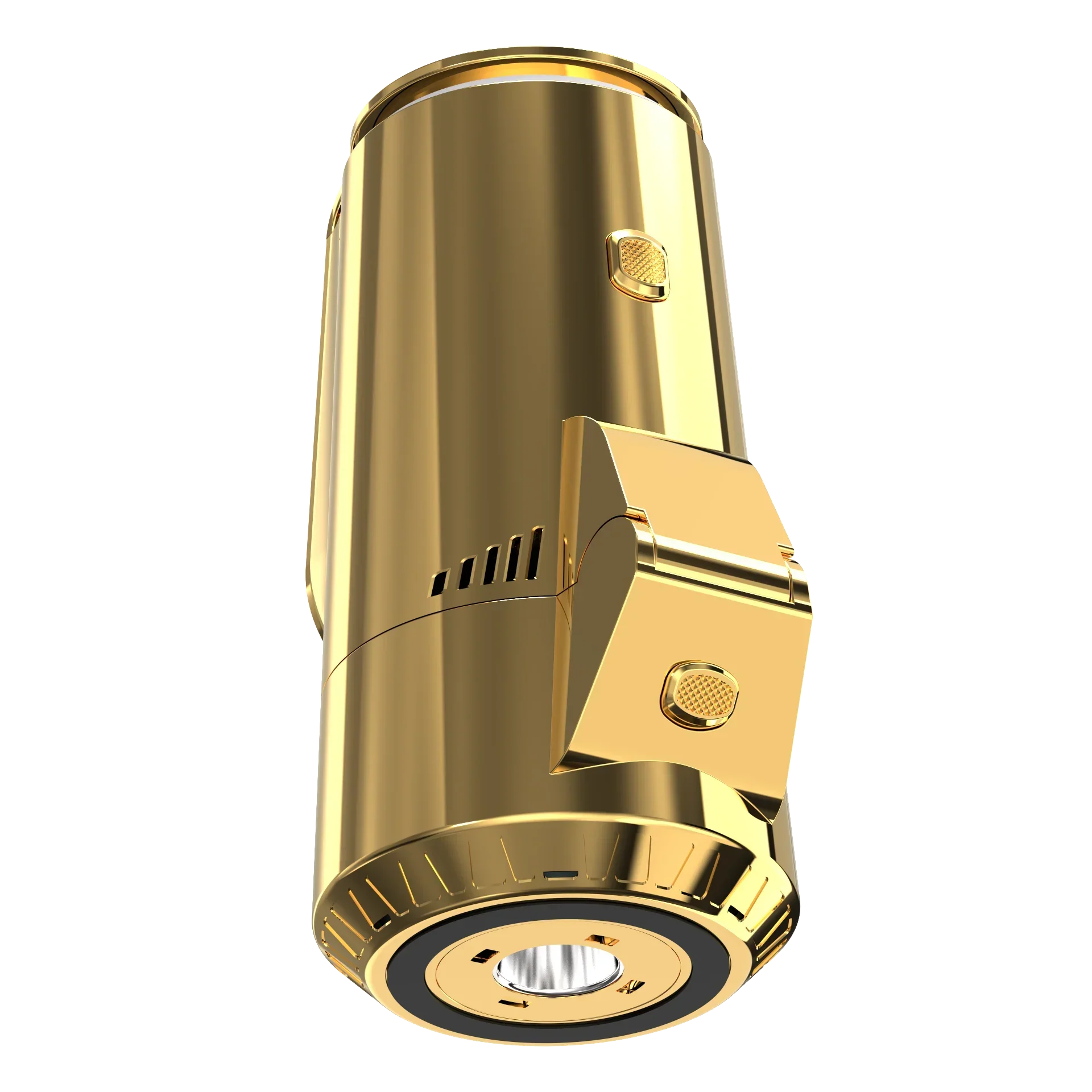 Aukso spalvos elektroninė kaljano karščio kamera XKAH Pro 24K Gold su ventiliacinėmis angomis ir valdymo mygtukais.