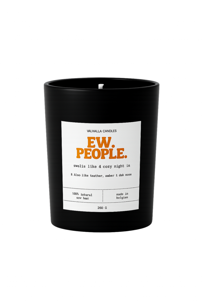 Kvapni sojų vaško žvakė EW PEOPLE juodas indelis su baltu etikete rankų darbo iš Belgijos