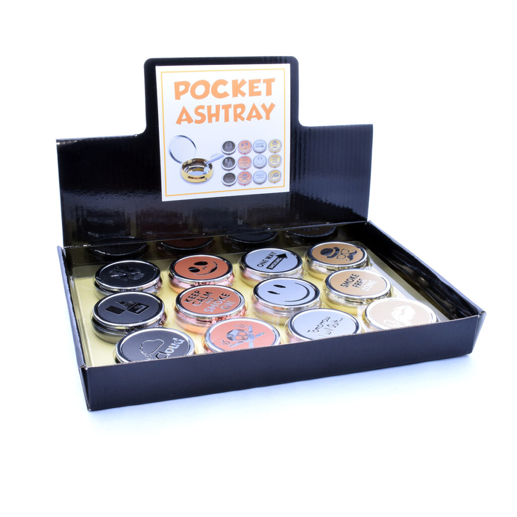 nešiojama metalinė peleninė su blizgia apdaila ir sandariu dangteliu didmeninėje pakuotėje keturių spalvų